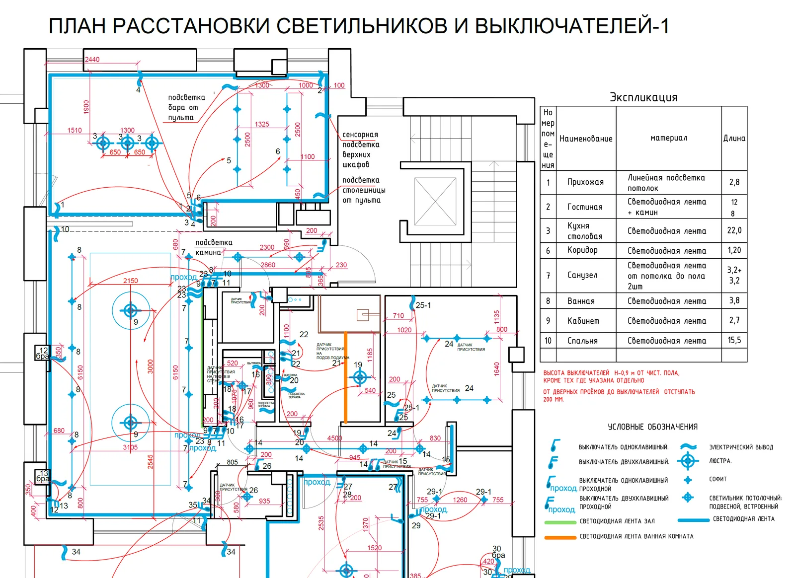 План светильников и выключателей, вариант 1