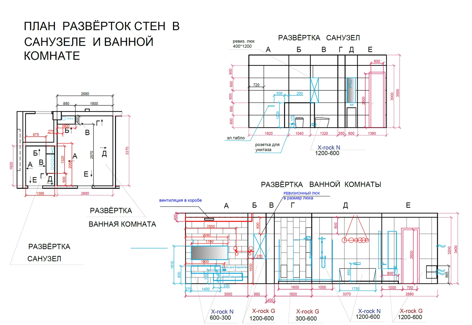 Развёртки стен санузла и ванной комнаты